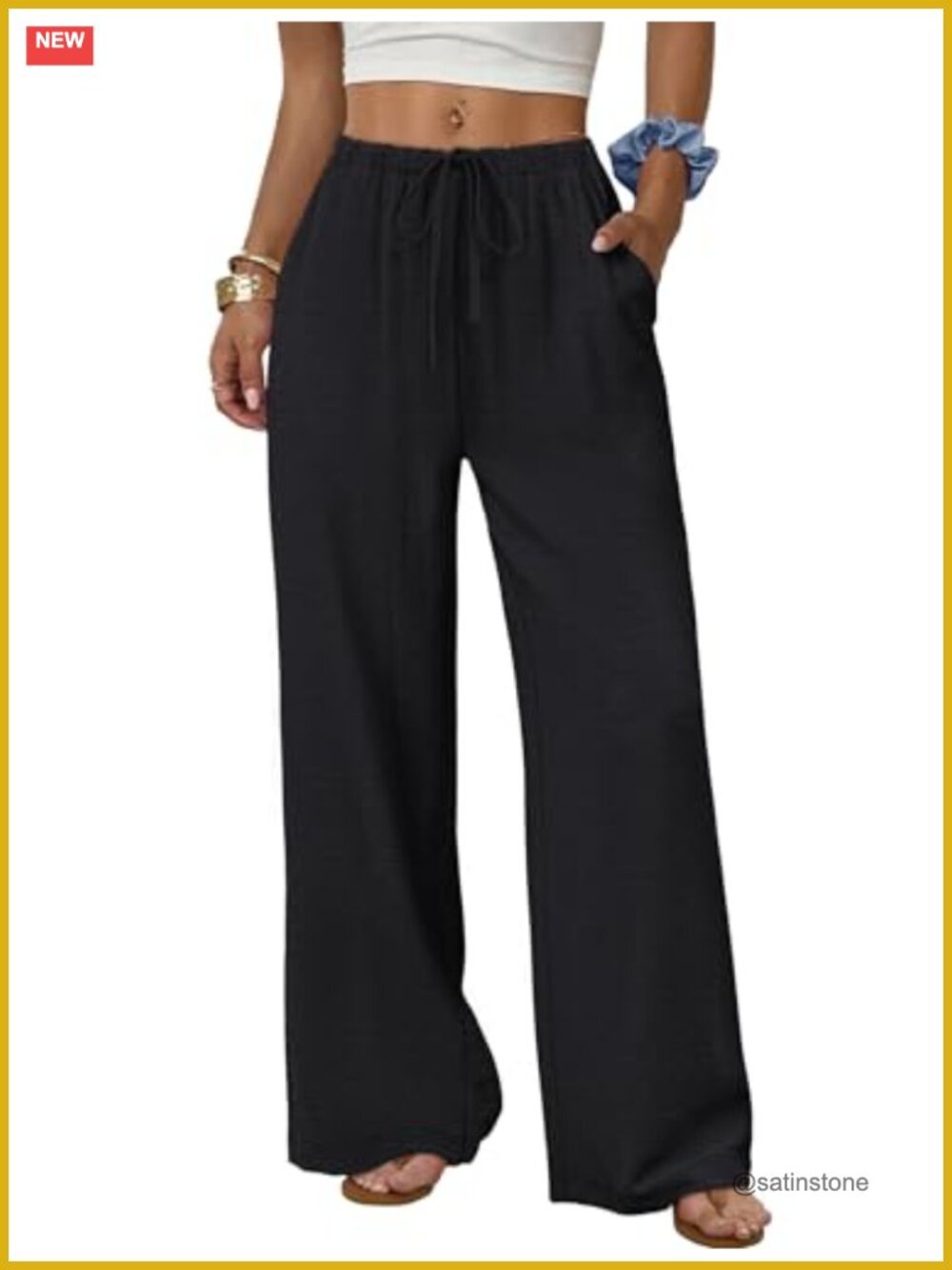 Wide Leg Palazzo Pants Drawstring Elastic Waist Trousers with Pockets Flowy